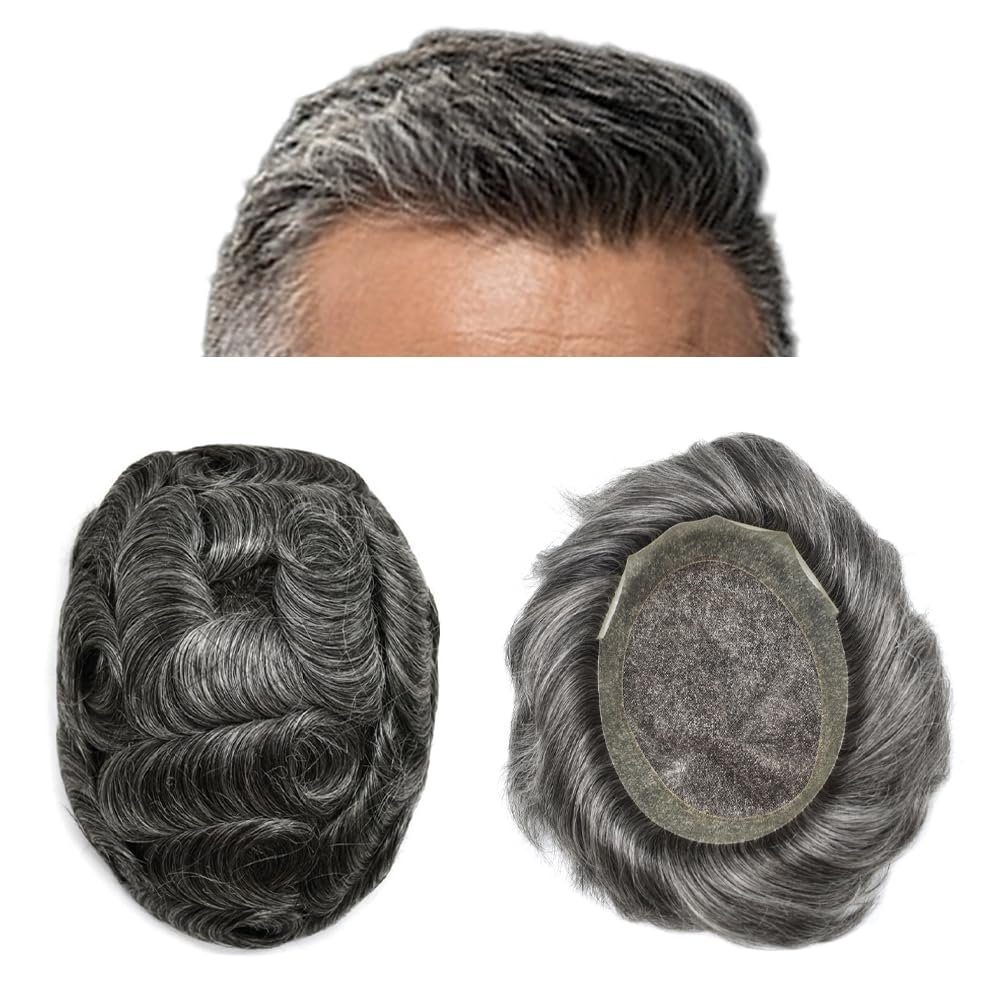 F M FACE MIRACLE NEW YORK Mens Toupee Hair System for Men French Lace Center Mens Hair Replacement System With Poly PU Skin Natural Hairline Toupee for Men7 X9#1B50 Off Black+50% Gray-120% Density