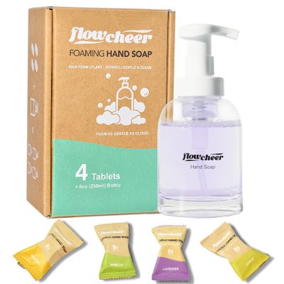 flowcheer Hand Soap Starter Set 1 Refillable CrystalClear Glass Foaming Hand Soap Dispenser + 4 Scented Soap Refill Tablets, 4 x 9 Fl oz,Soap Pump for Bathroom Kitchen Countertop