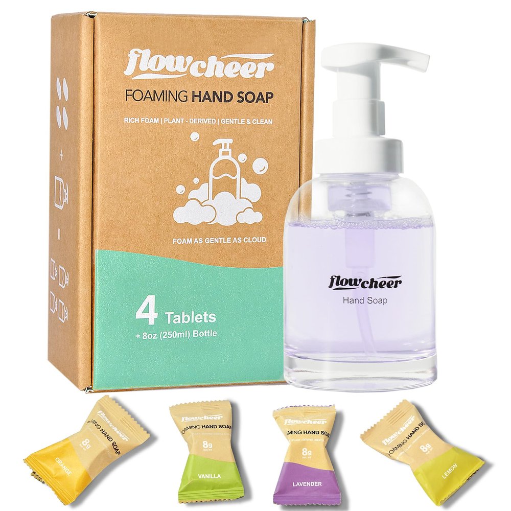 flowcheer Hand Soap Starter Set 1 Refillable CrystalClear Glass Foaming Hand Soap Dispenser + 4 Scented Soap Refill Tablets, 4 x 9 Fl oz,Soap Pump for Bathroom Kitchen Countertop