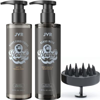 JVR Beard Wash and Beard Conditioner for Men, Beard Shampoo Cleanse and Reduces Frizz, Soften & Strengthens, Organic with Coconut, Aloe, Provides Shine for Dry & Coarse Beards, Beard Care (6.7oz)
