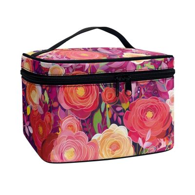 COEQINE Fashion Rose Floral Print Makeup Bag For Women, Portable Large Capacity Makeup Bag With Zipper And Top Handles for Christmas Birthday Party Valentine's Day Gifts for Wife Girlfriend