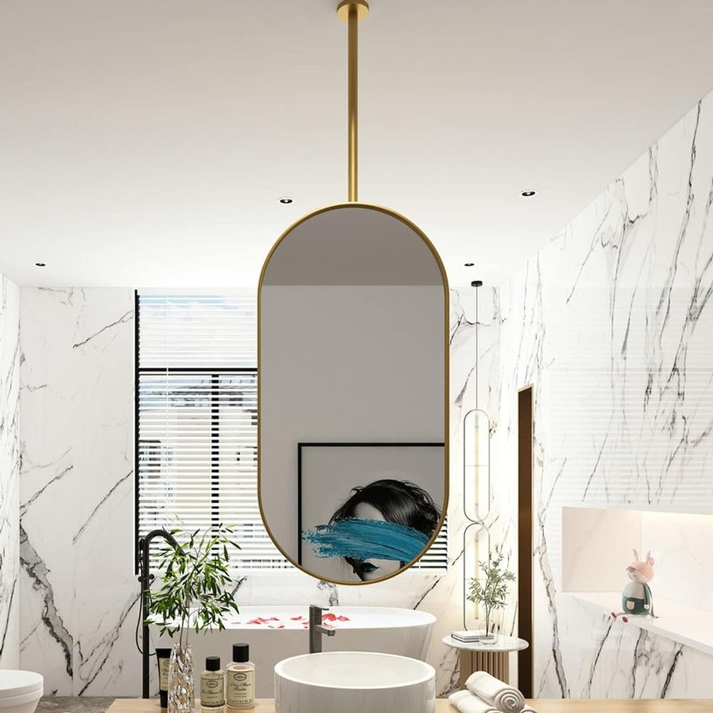 YLQFGUVWK Ceiling Mirror with Metal Hanging Rod, Ceiling Mounted Mirror for Bathroom Vanity Shaving, Wall Vanity Mirror for Entrance Bedroom Living Room (Size : 50cmx70cm)