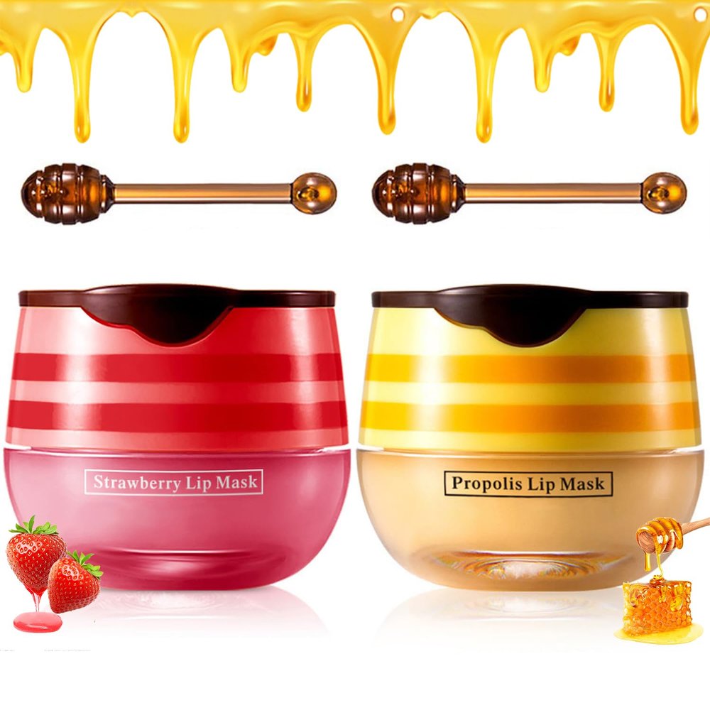2PCS Strawberry & Honey Lip Balm, Hydrating Propolis Sleeping Mask, Moisturizing & Prevention of Dry and Cracked Skin, Scrubs Exfoliator, Repair Nourishes the Lip
