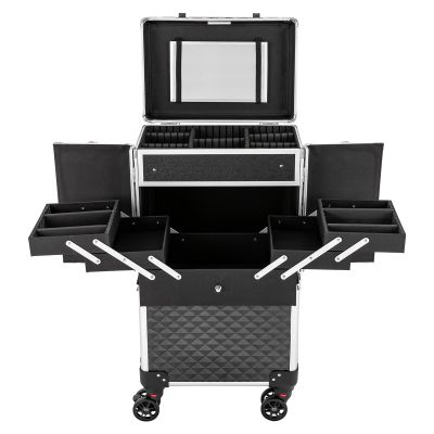 BANLICALI Makeup Train Case, Rolling Makeup Case with 4 Wheel, Mirror and Retractable Handle, Free Standing Cosmetics Storage Organizer Make-Up Station for Salons Homes Parties Black+Silver Load 15kg