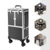BANLICALI Makeup Train Case, Rolling Makeup Case with 4 Wheel, Mirror and Retractable Handle, Free Standing Cosmetics Storage Organizer Make-Up Station for Salons Homes Parties Black+Silver Load 15kg view 3