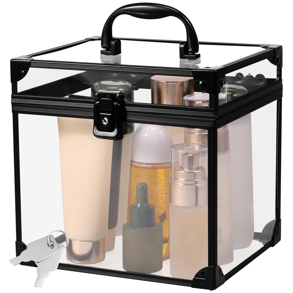 GLMFAN Makeup Organizer, Clear Makeup Train Case Cosmetic Box, Clear Crown Box Portable Cosmetics Toiletry Organizer Box Jewelry Storage Makeup Storage Box w Padlock and Keys for Vanity Bathroom