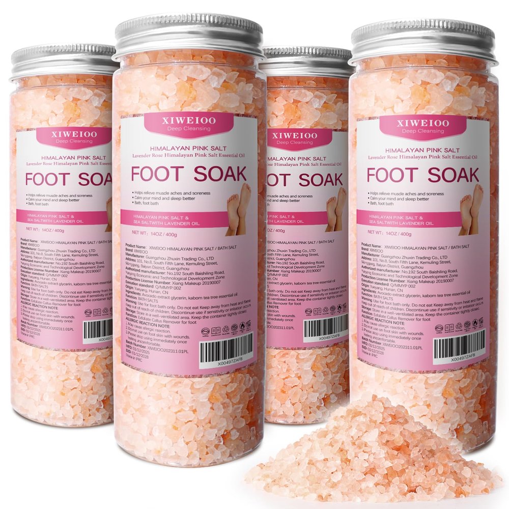 XIWEIOO Epsom Salt for Soaking Kit 56 OZ Pack of 4 Natural Epsom Salt Essential Oils Himalayan Pink Salt Itching,Foot Bath Salt Tea Tree Oil for Women Foot Care Pedicure Feet spa Message