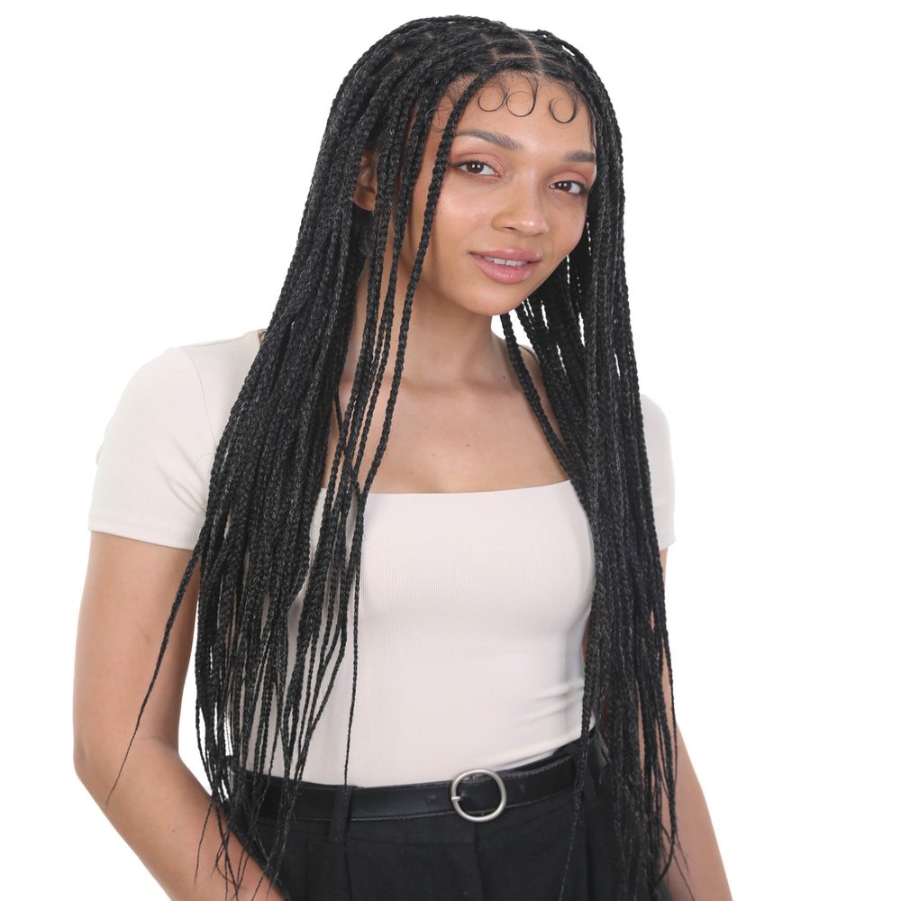 LUXLUXE Ivy 31-inches Full Hand-tied Box Braid Style Lace Wig with Baby Hair, Heat Resistant Fiber,(Salt and Pepper Grey)