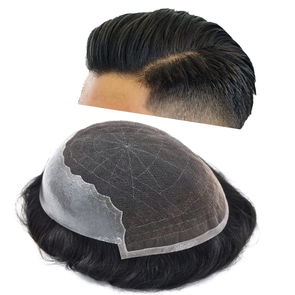 Toupee for Men Human Hair Replacement System Transparent Lace Mens Toupee Bleached Knots Lace Front Thin Skin Men Hair Piece Unit Natural Wigs For Men (6''X9'', #1B Off Black-100% Light to Med-Light)