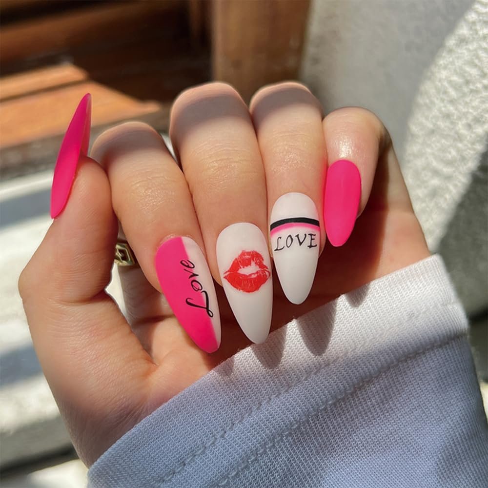 Almond Press on nails Medium Fake Nails Acrylic Nails with Frosted Fluorescent Powder Exquisite Luxury Design Fashion Romantic Valentine's day Nail Decoration for Nails for Women and Girls 24 Pcs