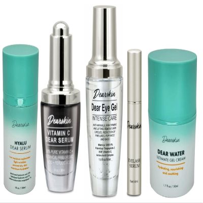 Dearskin Eyelashes, Eyes & Face Skincare Gift Set: Gift her Glow with Hyaluronic Facial Serum Vitamin C Eye Gel Eyelashes Serum and Water Gel Cream