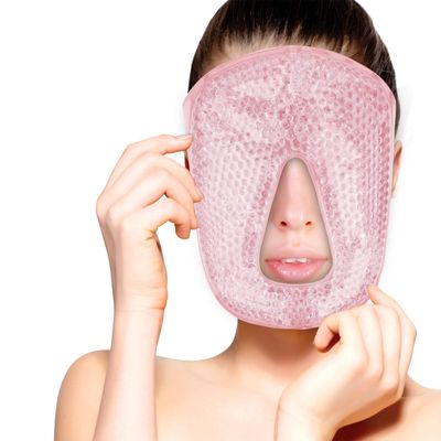 Hot and Cold Therapy Gel Bead Full Facial Mask by FOMI Care | Ice Face Mask for Migraine Headache, Stress Relief | Reduces Eye Puffiness, Dark Circles | Fabric Back (Full Face w/o Eye Holes Pink)