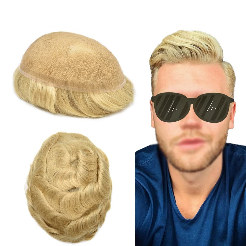 Mens Toupee Hair Replacement System for Men All French Lace Mens Hairpiece Soft Lace and Breathable Full Lace Hair Unit Human Hair Toupee For Men 7"X9"#22R Light Blonde-110% Density