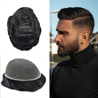 Mens Toupee Hair Replacement System for Men All French Lace Mens Hairpiece Soft Lace and Breathable Full Lace Hair Unit Human Hair Toupee For Men 8"X10"#520 Light-Med Brown+20% Gray-120% Density