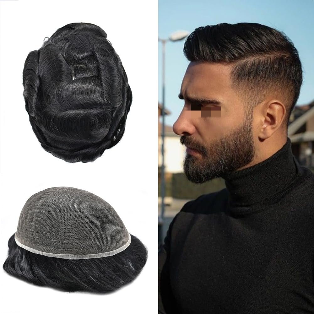 Mens Toupee Hair Replacement System for Men All French Lace Mens Hairpiece Soft Lace and Breathable Full Lace Hair Unit Human Hair Toupee For Men 8"X10"#520 Light-Med Brown+20% Gray-120% Density
