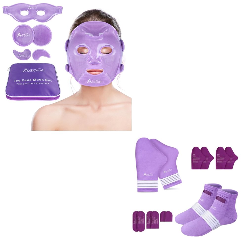 Atsuwell Cooling Ice Face Eye Mask Set for Dark Circles and Cold Therapy Socks & Cold Gloves Comfort Items for Chemo Patients, Arthritis, Chemo Care Package Gift, S/M