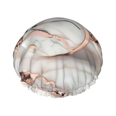 White Marble Rose Gold pattern Print Reusable Shower Cap for Women,Double Waterproof Layers Bathing Hat,Quick Drying Bath Hair Cap