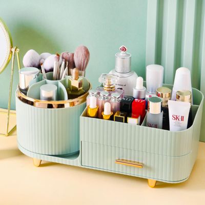 Rotating Makeup Organizer for Vanity with Brush Holder and Drawer, Cosmetic Makeup Storage, Large Spinning Makeup Skincare Organizer, Countertop Makeup Perfume Organizer, Lotions Display Case (Green)