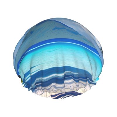 Tahiti Beaches Print Reusable Shower Cap for Women,Double Waterproof Layers Bathing Hat,Quick Drying Bath Hair Cap
