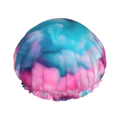 Pink Cotton Candy Print Reusable Shower Cap for Women,Double Waterproof Layers Bathing Hat,Quick Drying Bath Hair Cap