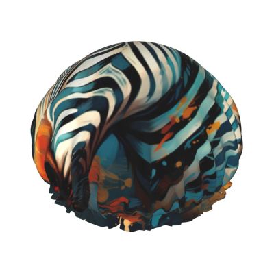 Abstract Animal Zebra Print Reusable Shower Cap for Women,Double Waterproof Layers Bathing Hat,Quick Drying Bath Hair Cap