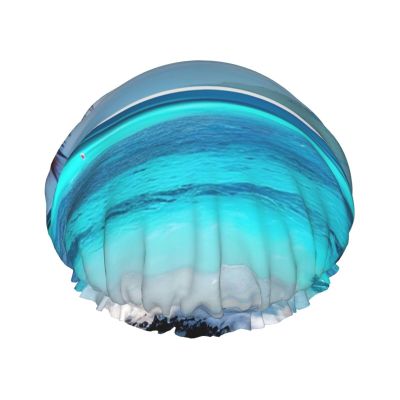 Tahiti Beach Print Reusable Shower Cap for Women,Double Waterproof Layers Bathing Hat,Quick Drying Bath Hair Cap