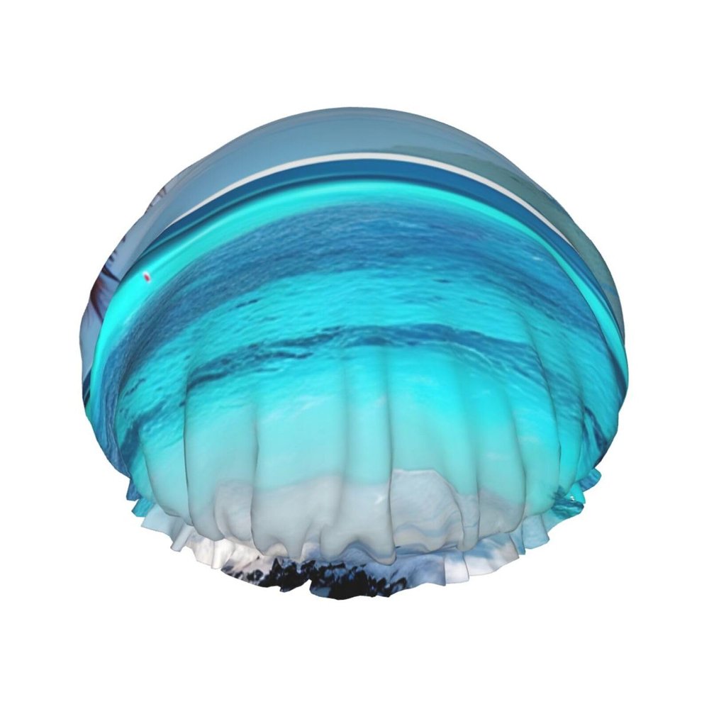 Tahiti Beach Print Reusable Shower Cap for Women,Double Waterproof Layers Bathing Hat,Quick Drying Bath Hair Cap