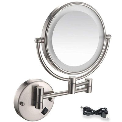 AMHIL Wall Mount Led Lighted Makeup Mirror 5X Magnifying USB Rechargeable Cosmetic Mirror 360 Swivel Extendable Two Sided Vanity Mirror for Bathroom/Nickel Brushed