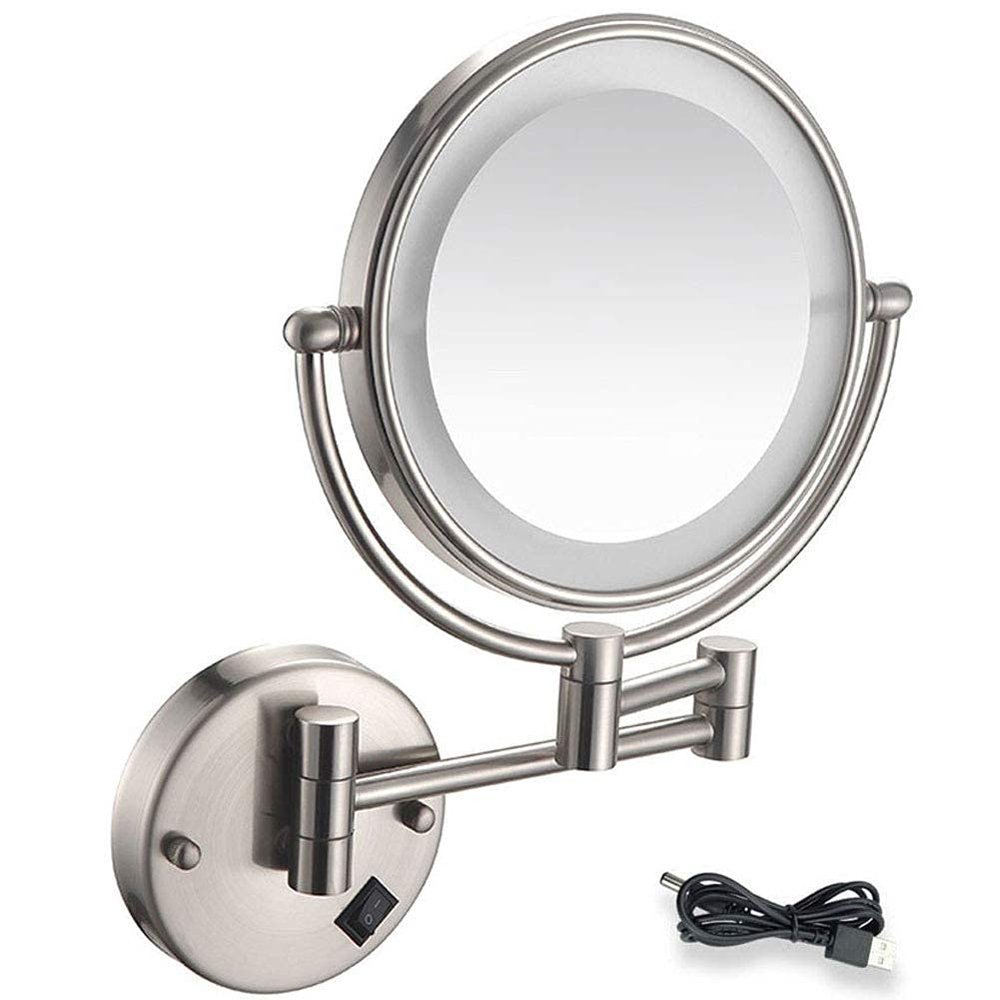 AMHIL Wall Mount Led Lighted Makeup Mirror 5X Magnifying USB Rechargeable Cosmetic Mirror 360 Swivel Extendable Two Sided Vanity Mirror for Bathroom/Nickel Brushed