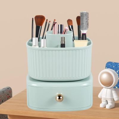 360Rotating Makeup Brush Holder with Drawer Skincare Organizers Removable Cosmetic Box Double Layer Cosmetics Organizer with 5 Compartments Washable Makeup Brush Organizer KT