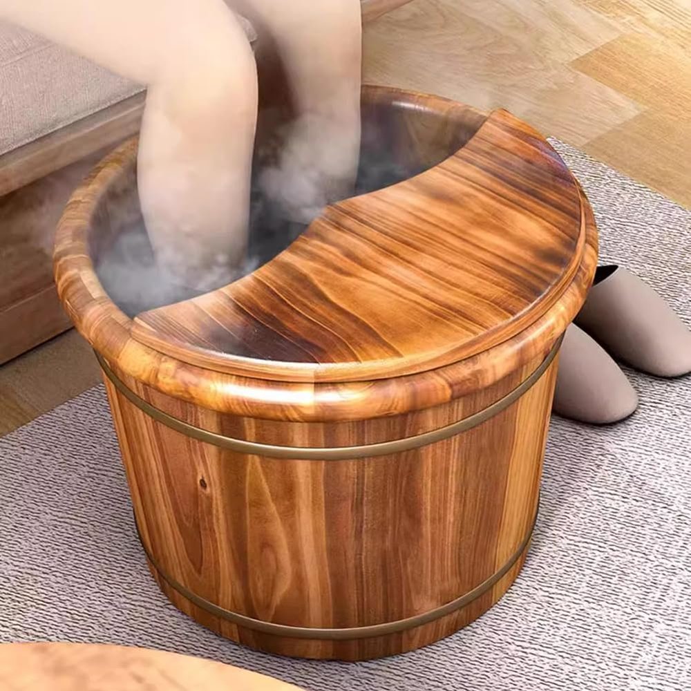 MegLob Wooden Foot Bath Deep Soaking Tub with Insulation Lid, Solid Wood Feet Spa Basin Lit, Luxury & Smooth Carbonized Wooden Feet Bath Barrel, Relieve Foot Pressure for at Home Spa Pedicures,S