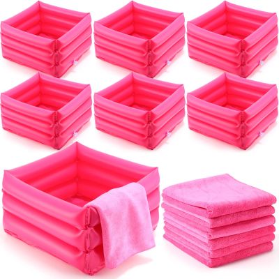 FillTouch 12 Pcs Foot Spa Kit for Girls Kids 12.5''x12.5''x8.3'' Foot Care Bath and 12''x28'' Hand Towels Washbasin Salon Towels Portable for Sleepover Spa Swim Birthday Party Supplies(Rose Red)
