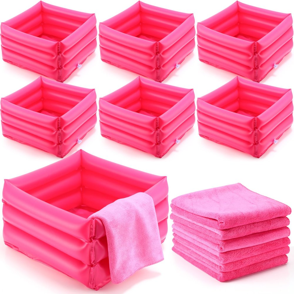 FillTouch 12 Pcs Foot Spa Kit for Girls Kids 12.5''x12.5''x8.3'' Foot Care Bath and 12''x28'' Hand Towels Washbasin Salon Towels Portable for Sleepover Spa Swim Birthday Party Supplies(Rose Red)