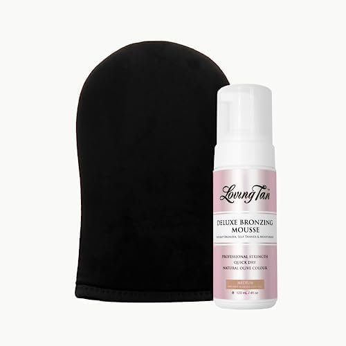 Loving Tan Deluxe Bronzing Mousse, Medium + Deluxe Applicator Mitt - Streak Free, Natural looking, Professional Strength Sunless Tanner - Cruelty Free, Naturally Derived DHA - 4 FL Oz