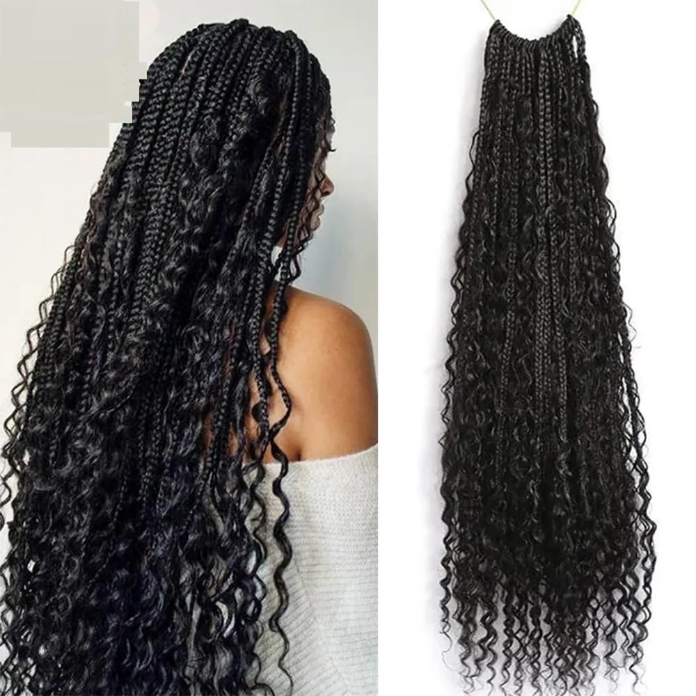 YiXing Crochet Boho Box Braids With Human Hair Curls Pre-looped Synthetic Braids Human Hair Curly Braiding Hair Extensions Natural Color for Woman (14inch, 40 Strands)