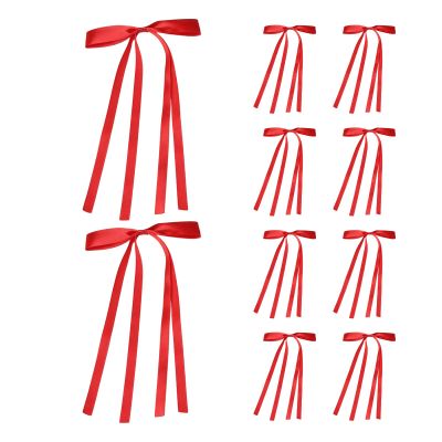 10 Pcs Hair Bow Clips for Girls, Bow Hair Clips for Women, Hair Ribbon Hair Bows with Long Tail, Polyester Exquisite Solid Color Hair Bows, Bowknot Tassel Claw Hair Clip for Women (Red)