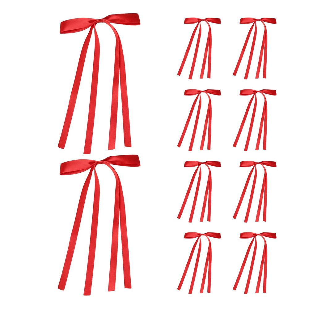 10 Pcs Hair Bow Clips for Girls, Bow Hair Clips for Women, Hair Ribbon Hair Bows with Long Tail, Polyester Exquisite Solid Color Hair Bows, Bowknot Tassel Claw Hair Clip for Women (Red)