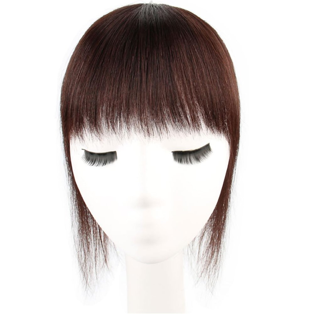 12x12 Natural Human Hair Air Bang One Piece Three Clips Clip in on for Thinning Hair Toppers White Hair for Woman Hair Loss (Brown,30cm/12inch)
