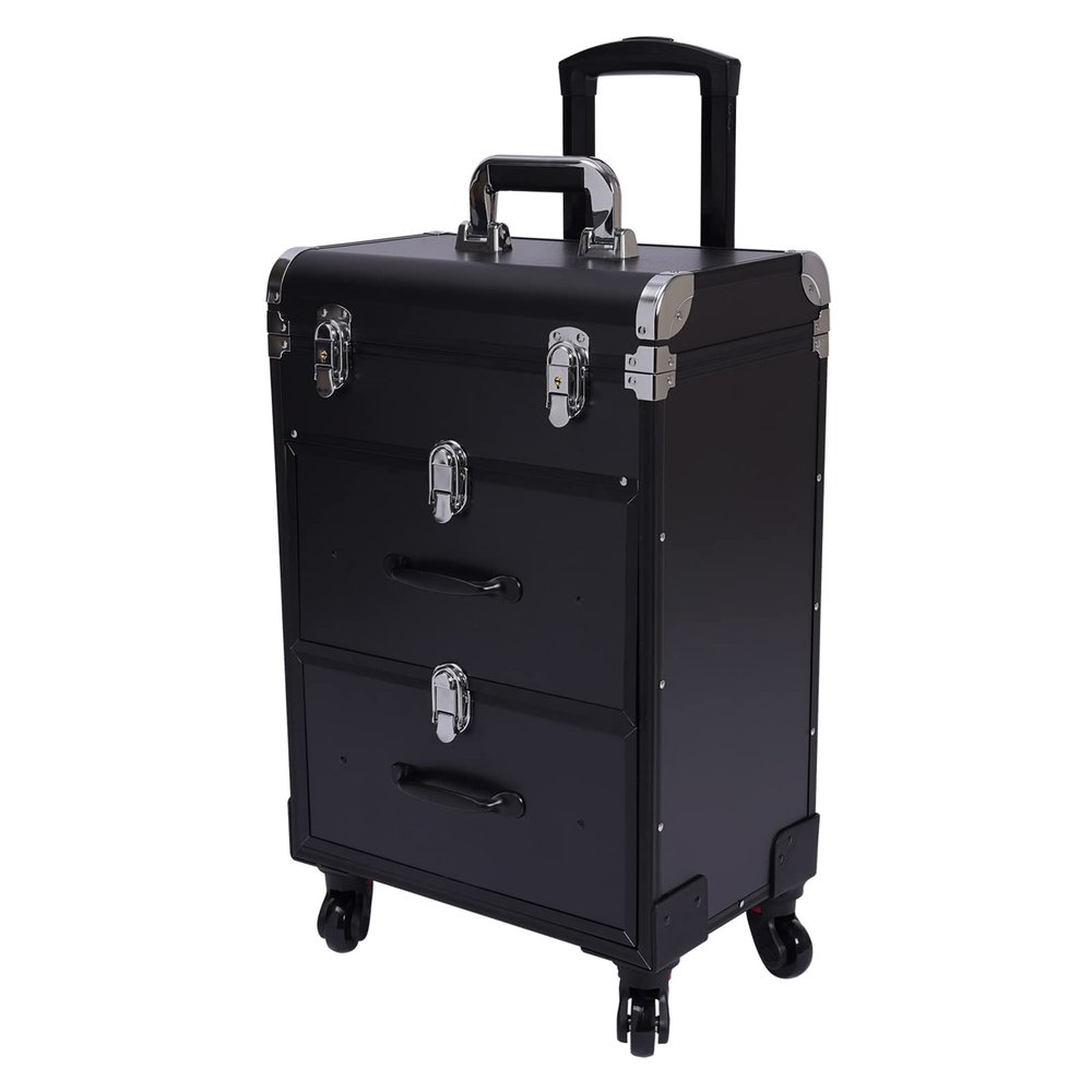 Lemoeyes Professional Rolling Makeup Train Case, Large Cosmetic Trolley with Wheels Locks Keys, Cosmetic Train Case with Dividers, Travel Cart Trunk for Makeup Nail Art Hair Styling