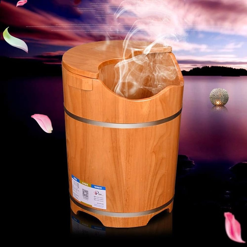MegLob Oak Wooden SPA Foot Bath Soaking Tub, Solid Oak Wood Foot Basin with Insulation Cover Plate, Pedicure Foot & Calf Spa Deep Soaking Bucket, with Sealed Drain Opening