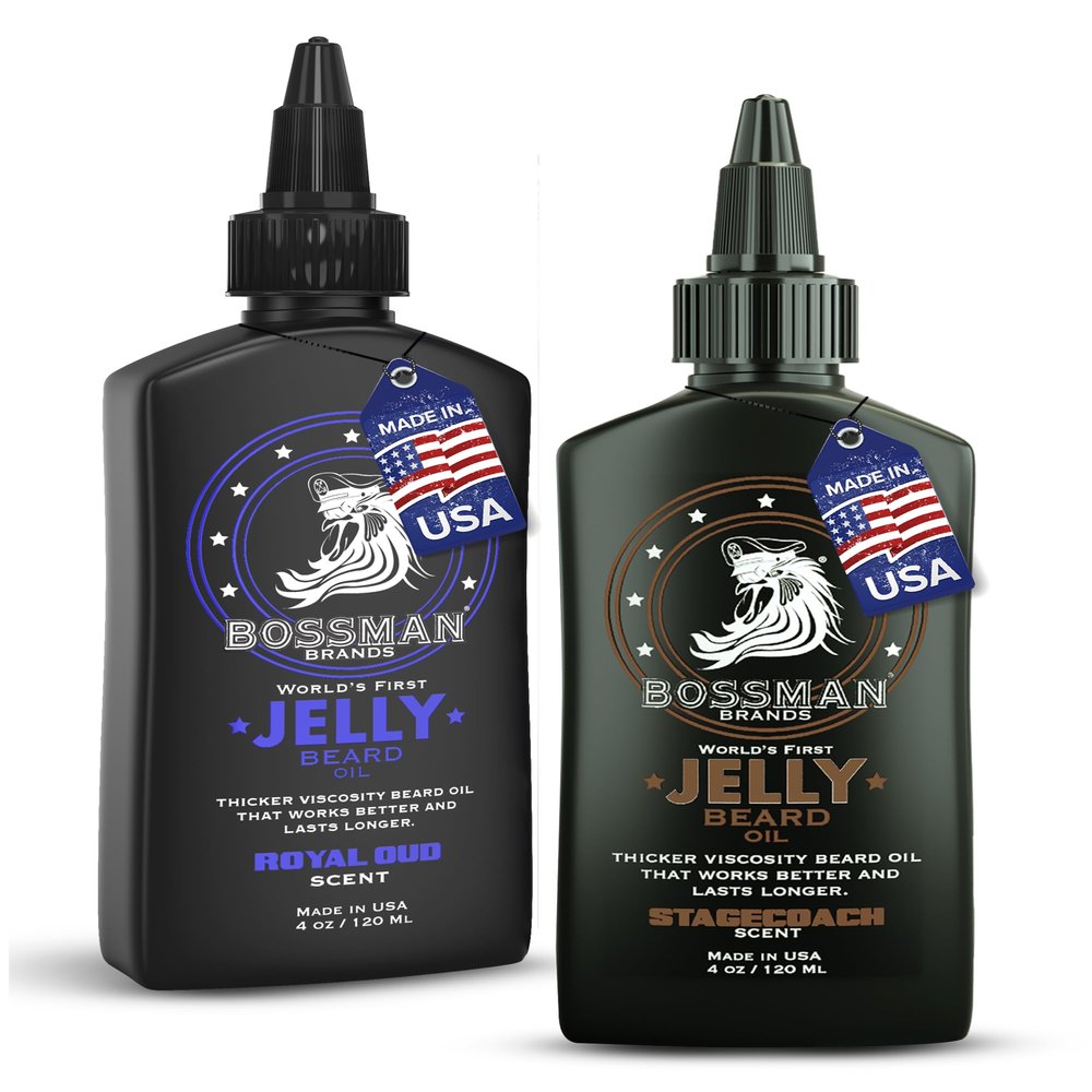 Bossman Jelly Beard Oil for Men Bundle | 2 Pack, 8 oz (Royal Oud + Stagecoach Scents) | Softens, Moisturizes & Conditions with Natural Ingredients  Made in the USA