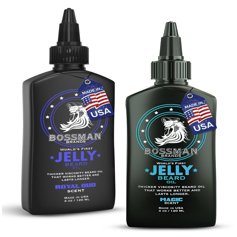 Bossman Jelly Beard Oil for Men Bundle | 2 Pack, 8 oz (Magic + Royal Oud Scents) | Softens, Moisturizes & Conditions with Natural Ingredients  Made in the USA
