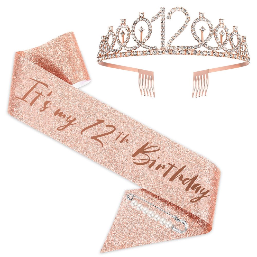 12th girls Birthday Sash and Tiara Set Rose Gold Birthday Sash Crown Birthday Party Favors Supplies for girls Birthday Party