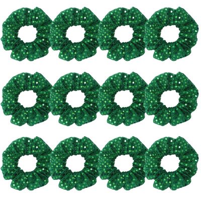 12 Pcs Glitter Cheer Christmas Sequins Hair Scrunchies Santa Claus Dance Scrunchie School Performance/Sports/Practice/Party Scrunchie Ponytail Holder Wrist for Girls Show (Green)