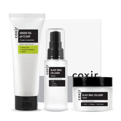 coxir Black Snail Korean Skin Care Gift Set  Snail Mucin Cleanser, Serum & Cream | Hydrating & Repairing Face Set | Korean Beauty Skincare Gift for Women, Holiday & Christmas Gift Set