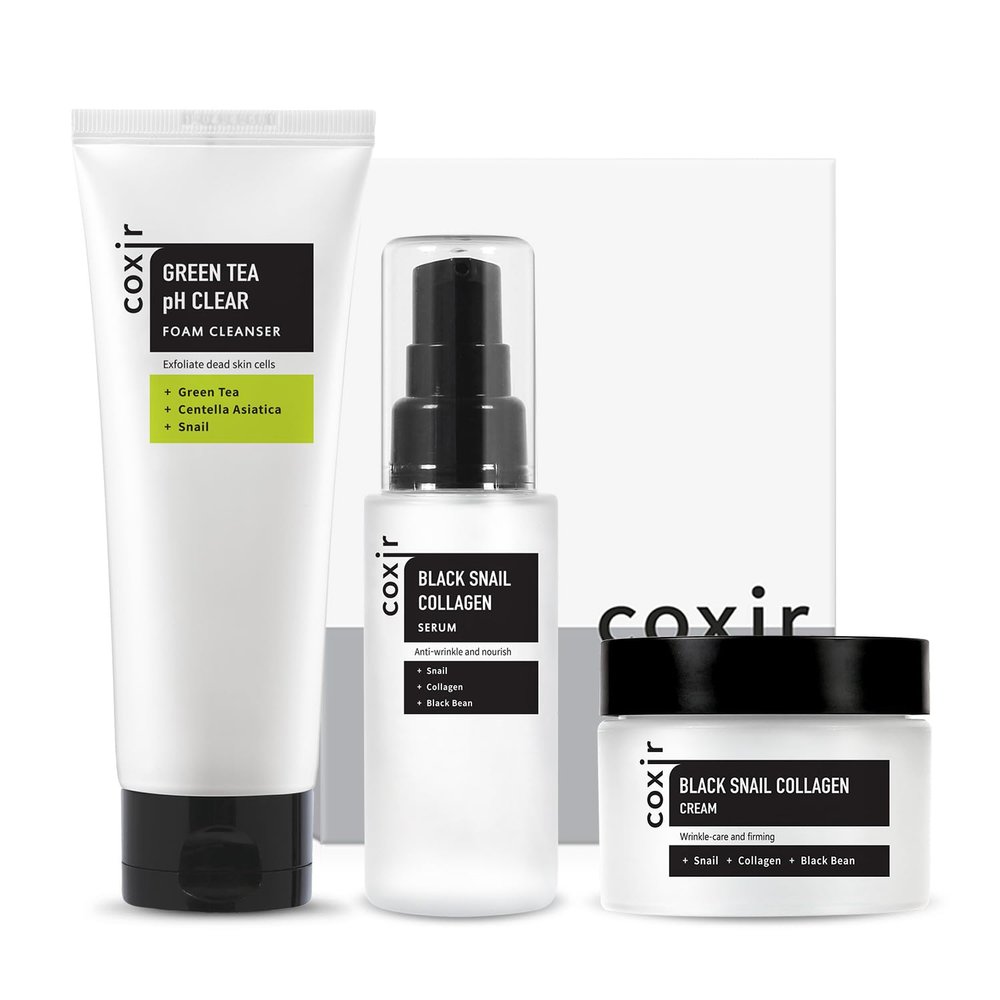 coxir Black Snail Korean Skin Care Gift Set Snail Mucin Cleanser, Serum & Cream | Hydrating & Repairing Face Set | Korean Beauty Skincare Gift for Women, Holiday & Christmas Gift Set