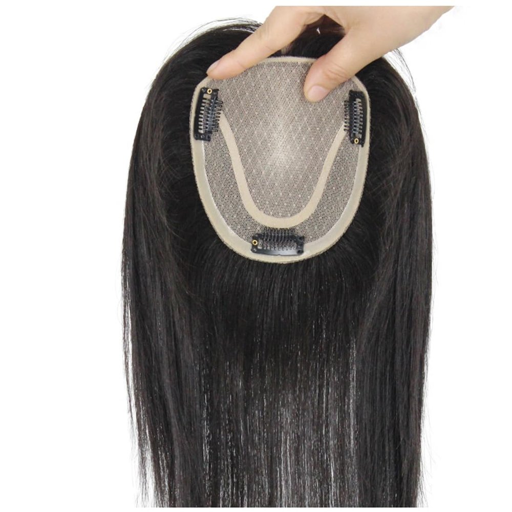 Hair Tied Human Hair Hair Toppers for Thin Hair with Bangs for Women with Thinning Hair Clip on in Toppers Hairpiece Straight One Piece for Hair Loss (Natural black 30cm/12inch,10x12cm/4x4.7inch)