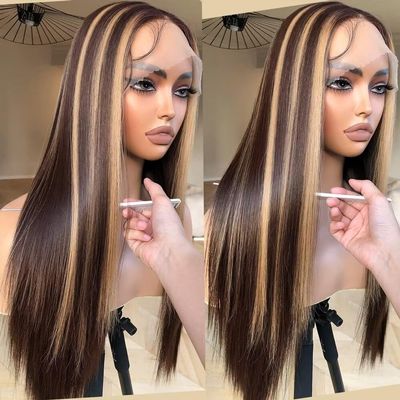 oulaer Highlight #4/27 Honey Blonde Color Straight Human Hair Wig 13x6 HD Lace Wig Brazilian Remy Hair Pre Plucked for Women Glueless Wig Natural Hairline 150% Density 22Inch