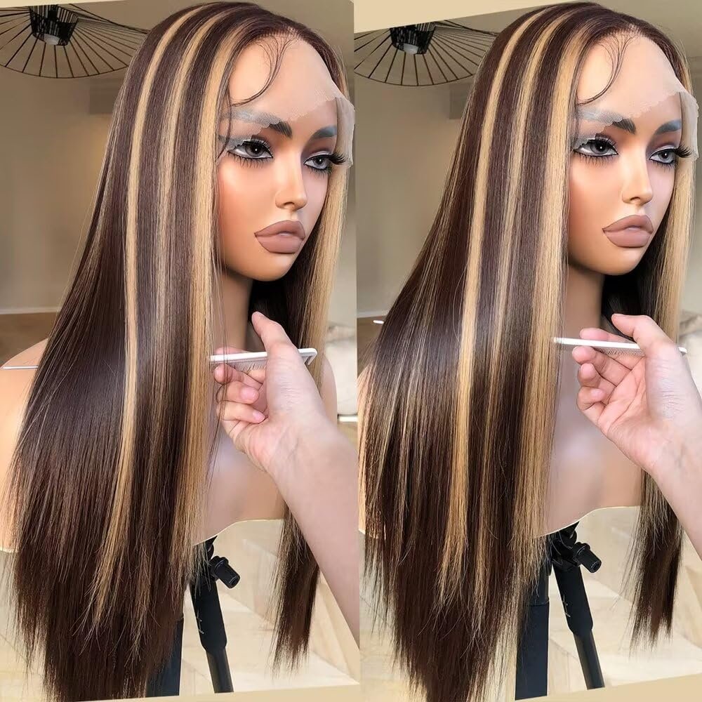 oulaer Highlight #4/27 Honey Blonde Color Straight Human Hair Wig 13x6 HD Lace Wig Brazilian Remy Hair Pre Plucked for Women Glueless Wig Natural Hairline 150% Density 22Inch