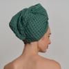 100% Organic Cotton Hair Drying Waffle Towel Wrap for Women | Absorbent & Quick Dry Head Turban for Wet Hair in Shower Sauna Spa, Extra Large for Long Straight Curly Plopping Button (Green, 2 PACK) view 4